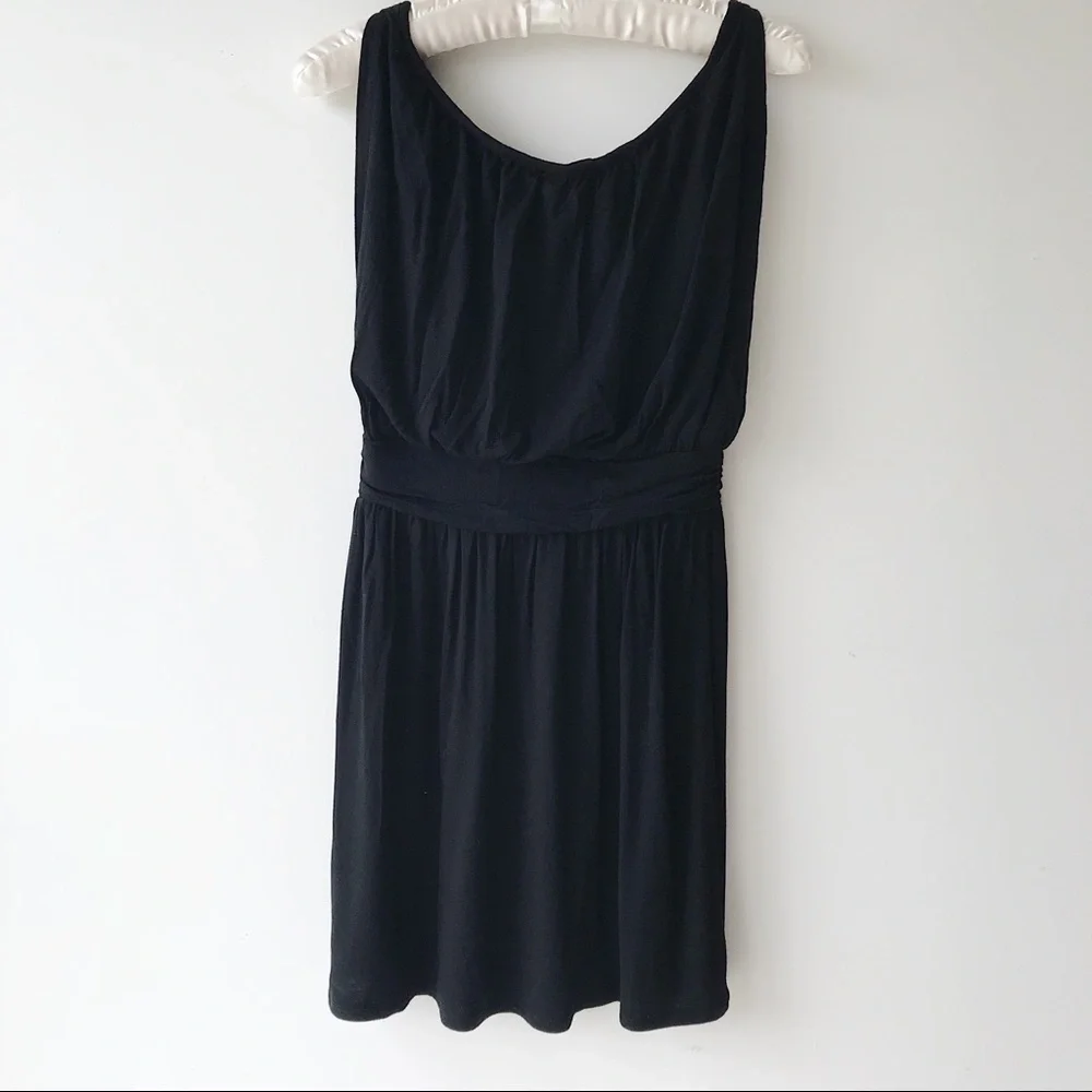 Black sleeveless tank dress scoopneck bloused bodice fitted wide waistband Sz S